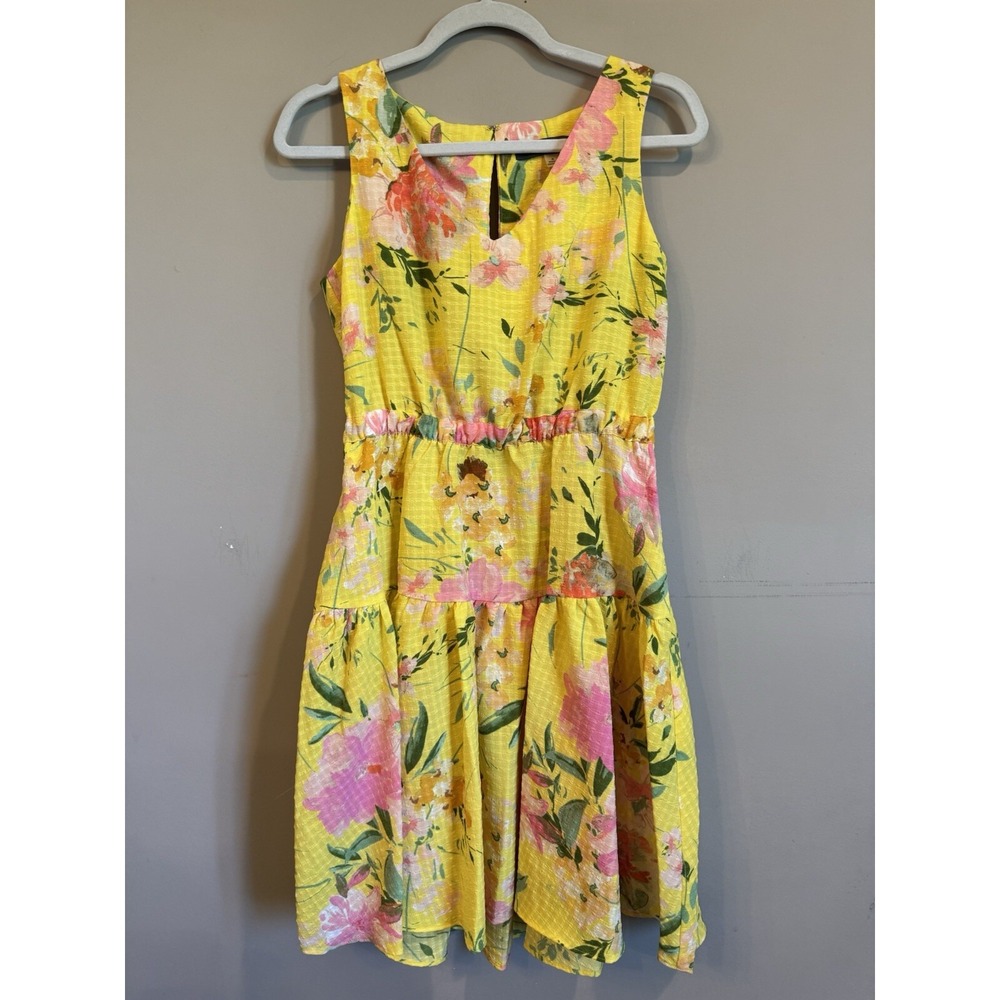 Melonie t Sunshine Yellow Floral Tiered Dress Back Cut Out Size 6 Colorful‎